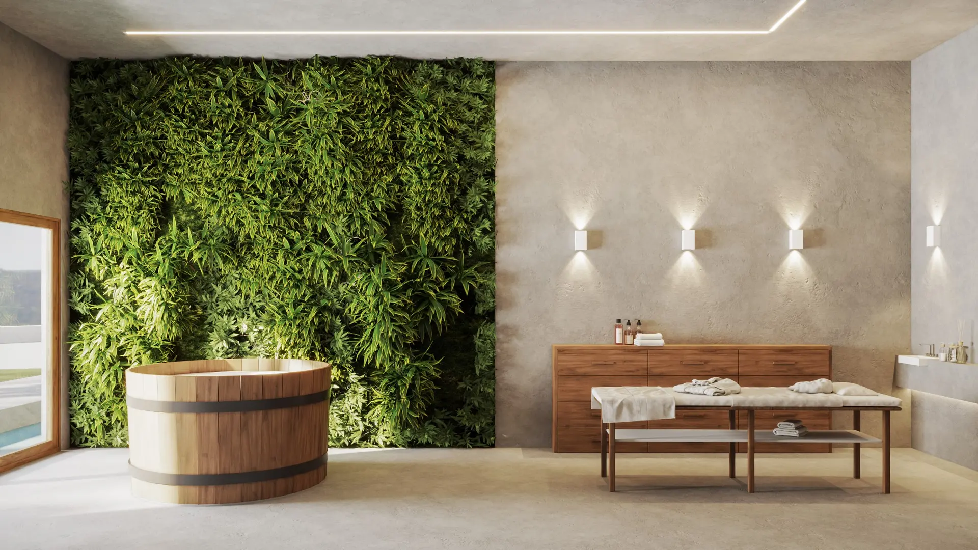 Sala de tratamento de spa com ofurô, jardim vertical e iluminação indireta